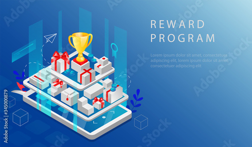 Isometric Reward Program And Cashback Concept. Website Landing Page. Big Smartphone And Tablet With Reward Program App, Gift Boxes, Purchases And Gold Cup On The Top. Web Page 3D Vector Illustration