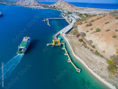 Sumbawa Indonesia June 1, 2020 : Aerial Harbor Indonesia in Pototano Sumbawa, Port for departure from Lombok kayangan to Sumbawa island photo