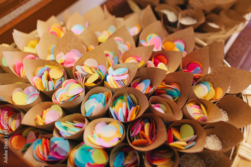 Various colored confetti cones for a party