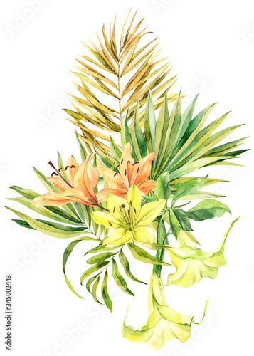 Watercolor flower bouquet yellow brugmansia, green palm leaves, angel's trumpets, lilly, lilies hand drawn illustration. Stock illustration for design, invitations, greeting card, postcard.