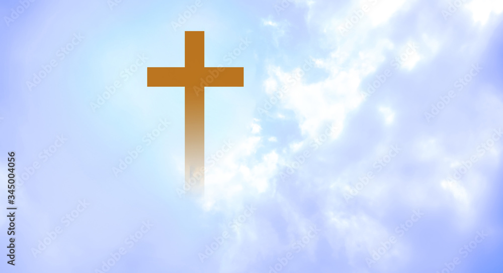 Obraz premium Christian cross appeared bright in the sky with soft fluffy clouds, white, beautiful colors. With the light shining as hope, love and freedom in the sky background