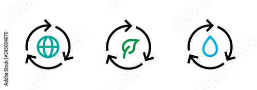 Planet recycle, Water treatment, Environmental icons. Editable Line Vector.