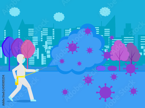 People medical staff in personal protective equipment or PPE suit clothing, spraying to cleaning and disinfect Coronavirus 2019 or covid-19 on street road city town, outbreak pandemic virus protection