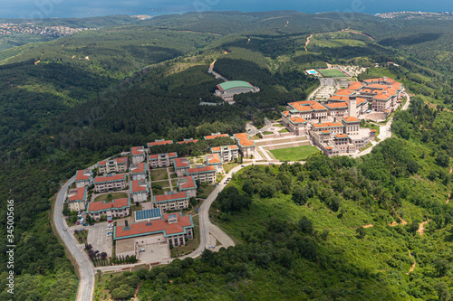 View of Koc University, from helicopter. Koc University, Rumeli feneri Campus Sariyer in Istanbul. photo