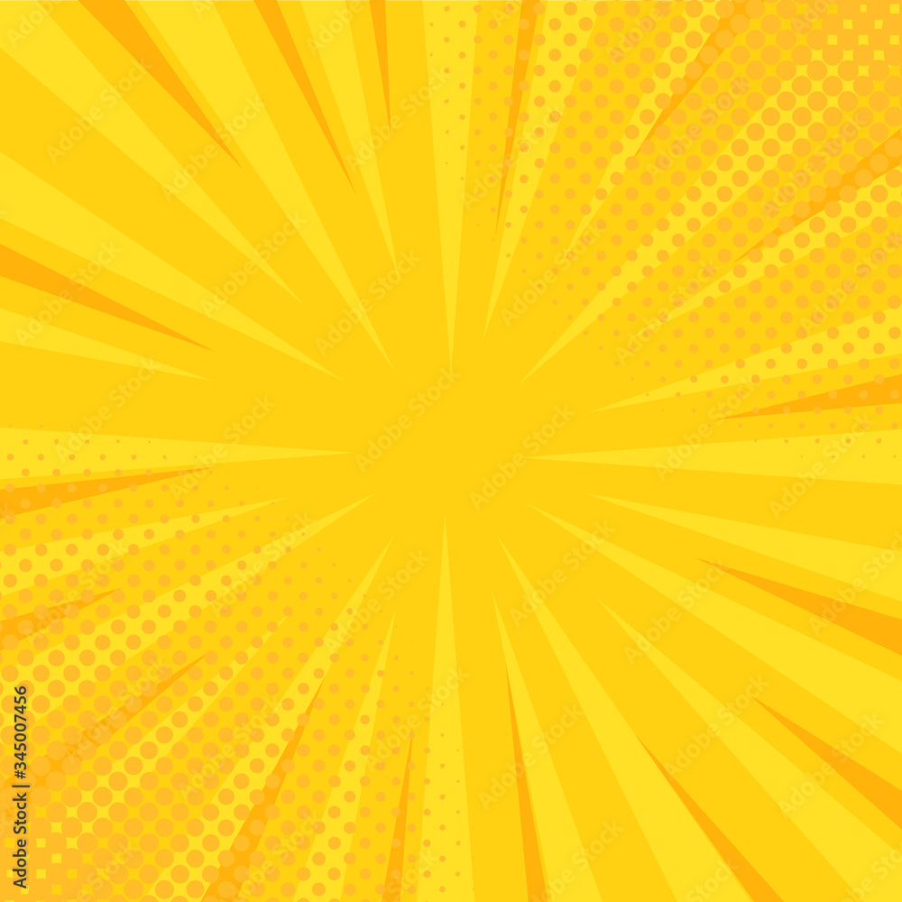 Fototapeta Retro komiks pop-art żółty kwadrat tło z paskami i kropkami rastra. Klasyczny styl vintage kreskówki. Ilustracja wektorowa