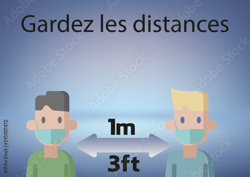 carte ou bandeau sur la distanciation sociale entre êtres humains "garder les distances 1 mètre "portant un masque sur un fond en dégradé gris 
