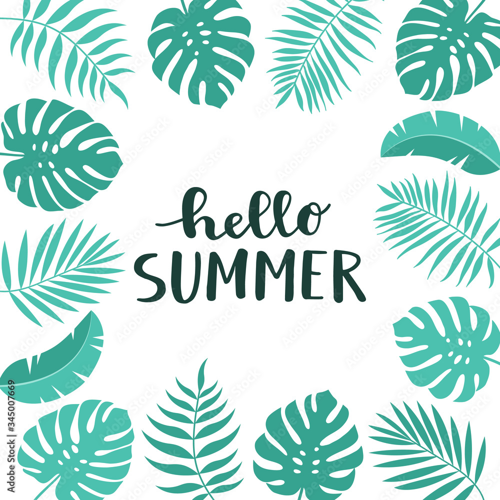 Design frame for your text with flat tropical exotic leaves on. Hello summer text. Hawaiian style. Perfect template for invitation, poster, banner etc. Vector illustration Design frame for your text with flat tropical exotic leaves on. Hello summer text. Hawaiian style. Perfect template for invitation, poster, banner etc. Vector illustration