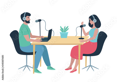 Podcast at studio. Male radio host interviewing female guest on radio station. People in headphones talking at the table. Broadcasting, podcasting vector illustration for website, web banner, etc