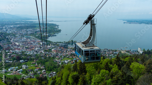 Bregenz, Austria - May 2 2019: View of the Pfander cable car (Pfanderbahn), with the city of Bregenz and lake Bodensee in the background