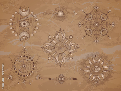 Vector set of Sacred symbols with moon, eye, sun and geometric figures on old paper background. Abstract mystic signs collection drawn in lines. Image in sepia color. 