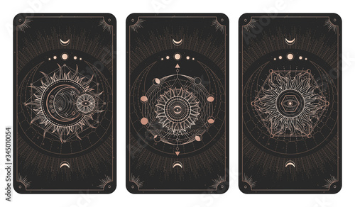 Vector set of three dark illustrations with sacred geometry symbols, grunge textures and frames. Images in black and gold colors.