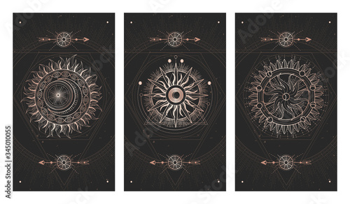 Vector set of three dark illustrations with sacred geometry symbols, grunge textures and frames. Images in black and gold colors.