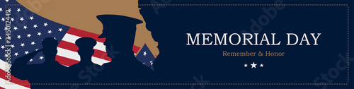 Happy Memorial Day. Greeting card with USA flag and silhouette soldiers on blue background. National American holiday event. Flat vector illustration EPS10