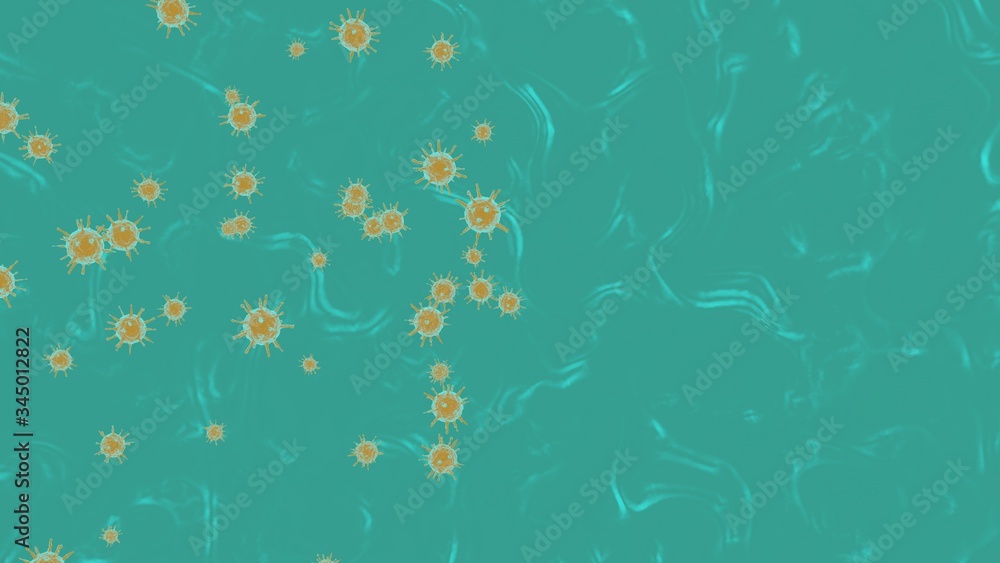 Obraz premium Yellow 3D rendering on a turquoise background outbreak of coronavirus and background flu dangerous concept of pandemic medical health risk with disease cells