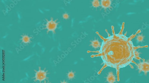 Yellow 3D rendering on a turquoise background outbreak of coronavirus and background flu dangerous concept of pandemic medical health risk with disease cells