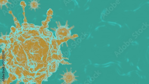 Yellow 3D rendering on a turquoise background outbreak of coronavirus and background flu dangerous concept of pandemic medical health risk with disease cells