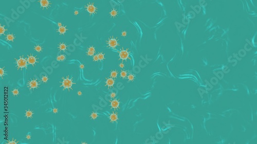 Yellow 3D rendering on a turquoise background outbreak of coronavirus and background flu dangerous concept of pandemic medical health risk with disease cells