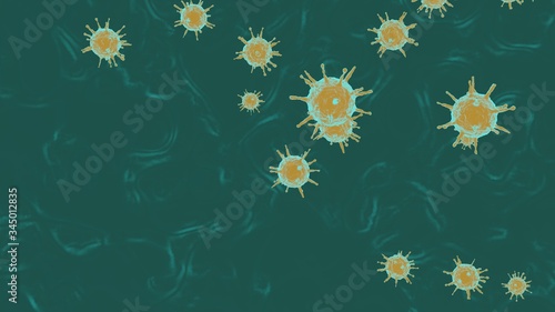 Yellow 3D rendering on a turquoise background outbreak of coronavirus and background flu dangerous concept of pandemic medical health risk with disease cells