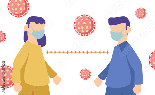 men and woman use face mask at public space keep distance for stop coronavirus spread disease. physical or social distancing concept.