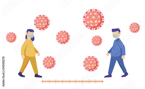 physical or social distancing for stop spread coronavirus. Keep distance at public. men and woman with face mask going out with virus.