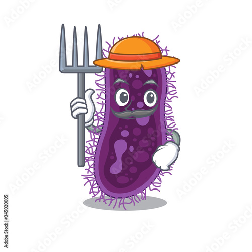 Cartoon character design of lactobacillus rhamnosus bacteria as a Farmer with hat and pitchfork
