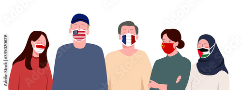 The young people wear masks with flags images of various countries with modern flat cartoon vector illustration