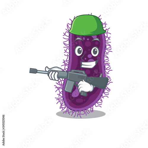 A cartoon picture of lactobacillus rhamnosus bacteria in Army style with machine gun