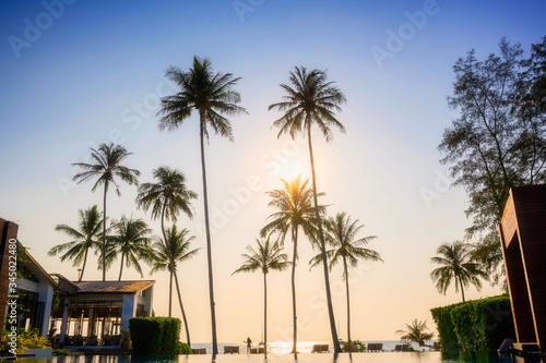 Silhouette landscape of the evening scenery of coconut trees by the beach, Ko Kood, Thailand in a romantic and happy atmosphere, golden and orange. © Lowpower