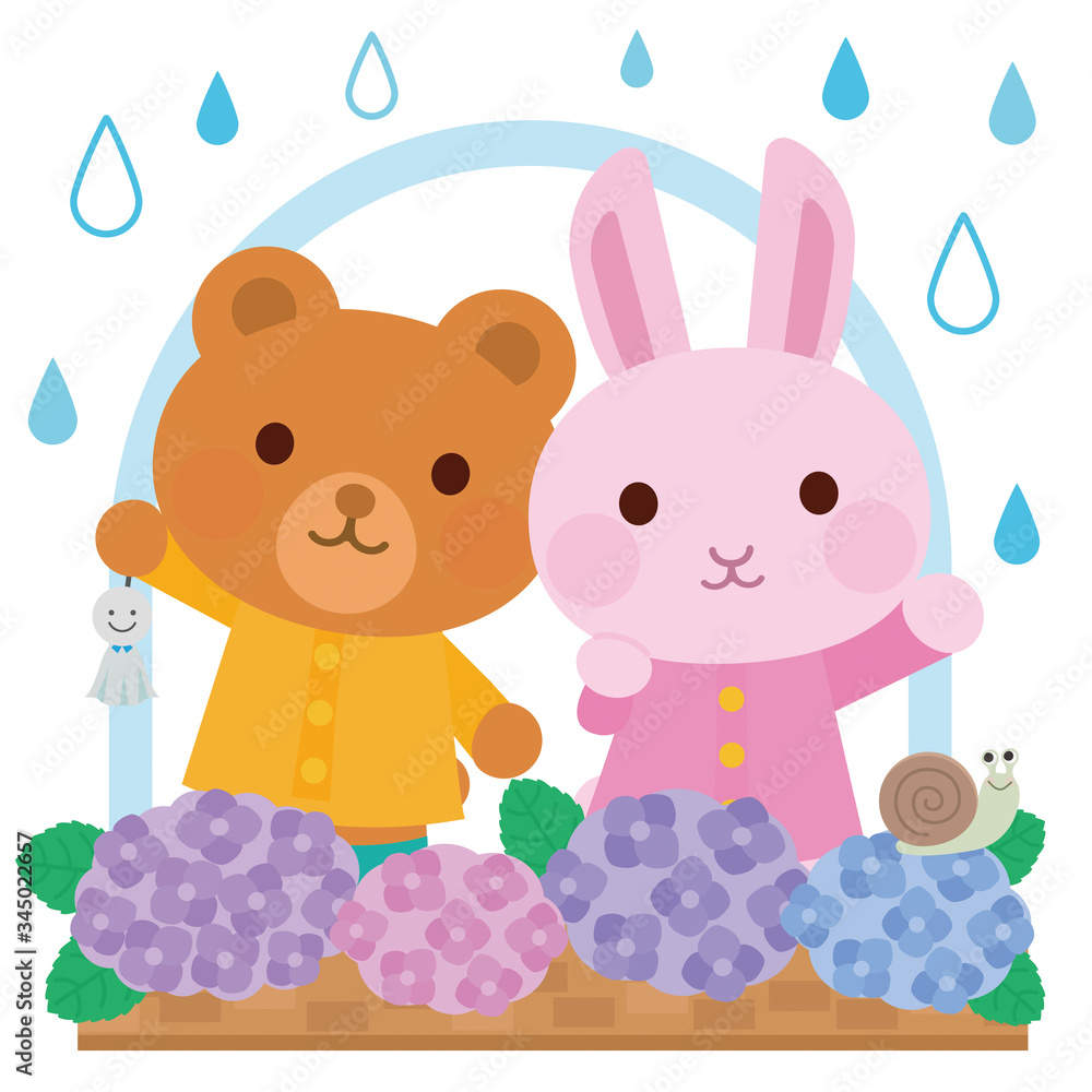 Naklejka premium 梅雨 紫陽花 窓 動物 イラスト