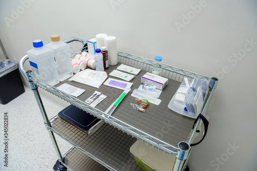 Medications prepared for surgery on the operating table. photo