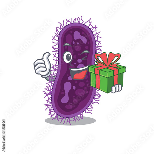 Smiling lactobacillus rhamnosus bacteria cartoon character having a green gift box