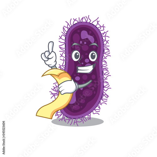 Lactobacillus rhamnosus bacteria mascot character design with a menu on his hand