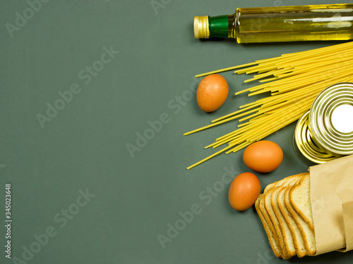 Food supply. Food crisis for quarantine isolation period. Consumer basket product set. Food Delivery.Donation, Corona virus Quarantine. Copy space.