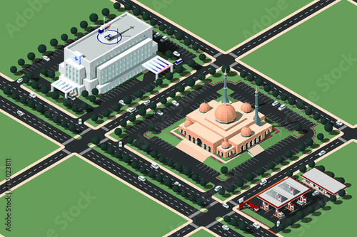 Isometric vector illustration of a hospital, a mosque, and a gas station in aerial bird eye view cityscape