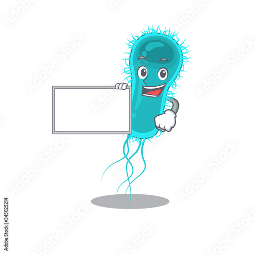 Escherichia coli bacteria cartoon character design style with board