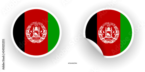 Afghanistan sticker flag in circular normal shape and peeled shape on white background gradient