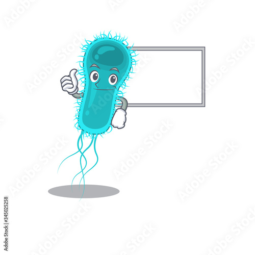 Humorous escherichia coli bacteria cartoon design Thumbs up bring a white board