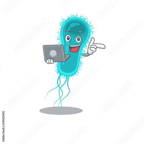 Cartoon character of escherichia coli bacteria clever student studying with a laptop