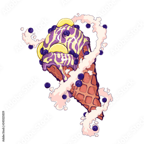 Ice cream sundae wafer cone with lemon and blueverry and milk cream with berry. Hand drawn vector illustration isolated on white background. Ice cream vanilla sundae in wafer cup with berry and fruits