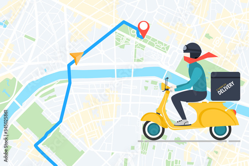 Delivery man riding motorcycle send order package to customer on city navigation map background. vector Illustration.
