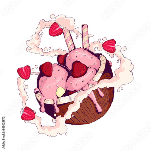 Hand drawn ice cream with strawberry in coconut with milk cream and sliced strawberry in comix style. Colorful vector illustration of ice cream sundae in cartoon style isolated on white background. 
