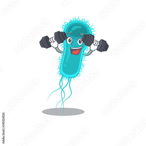 Mascot design of smiling Fitness exercise escherichia coli bacteria lift up barbells