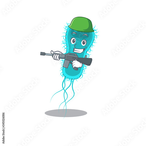 A cartoon picture of escherichia coli bacteria in Army style with machine gun