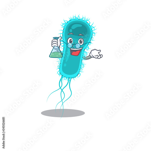 Escherichia coli bacteria smart Professor Cartoon design style working with glass tube