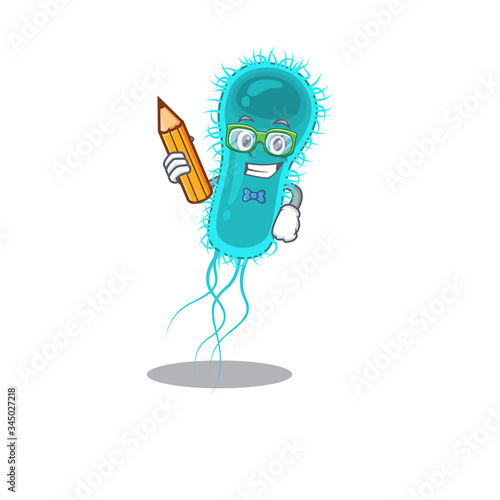 A brainy student escherichia coli bacteria cartoon character with pencil and glasses