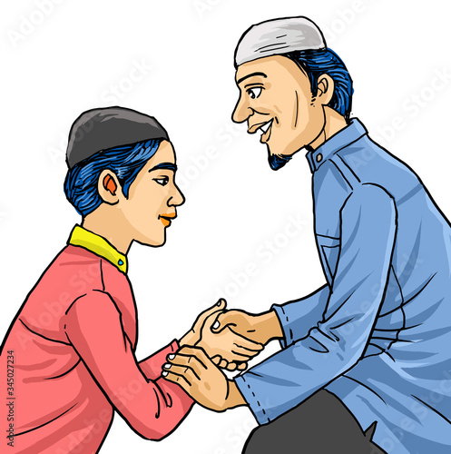 Muslim people father  and son shaking hands