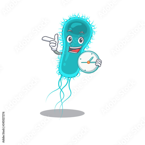 Escherichia coli bacteria mascot design concept smiling with clock