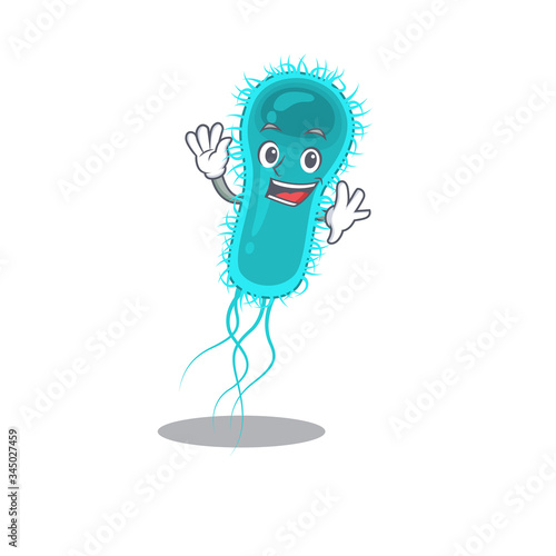 A charismatic escherichia coli bacteria mascot design style smiling and waving hand