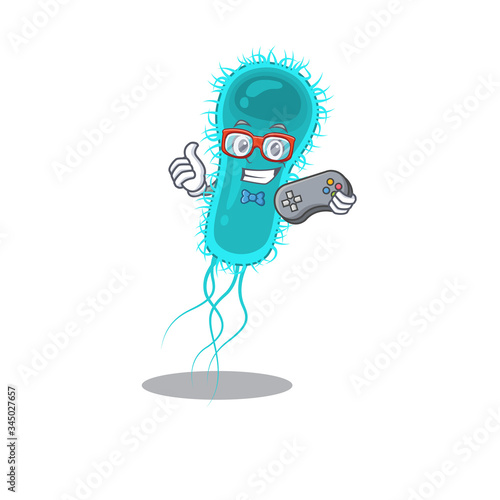 Mascot design concept of escherichia coli bacteria gamer using controller