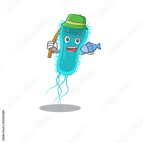 Cartoon design concept of escherichia coli bacteria while fishing